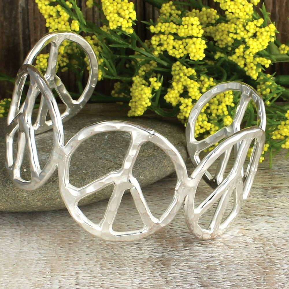 Hammered Peace Sign Cuff Bracelet - Silver Boho Statement Jewelry